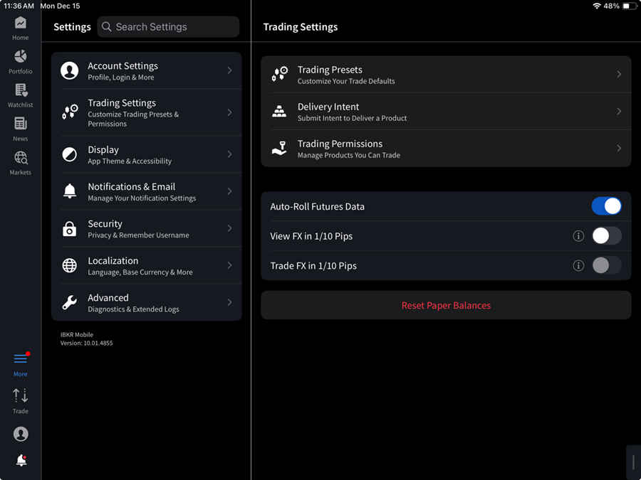 The trading settings menu on the ipad. 